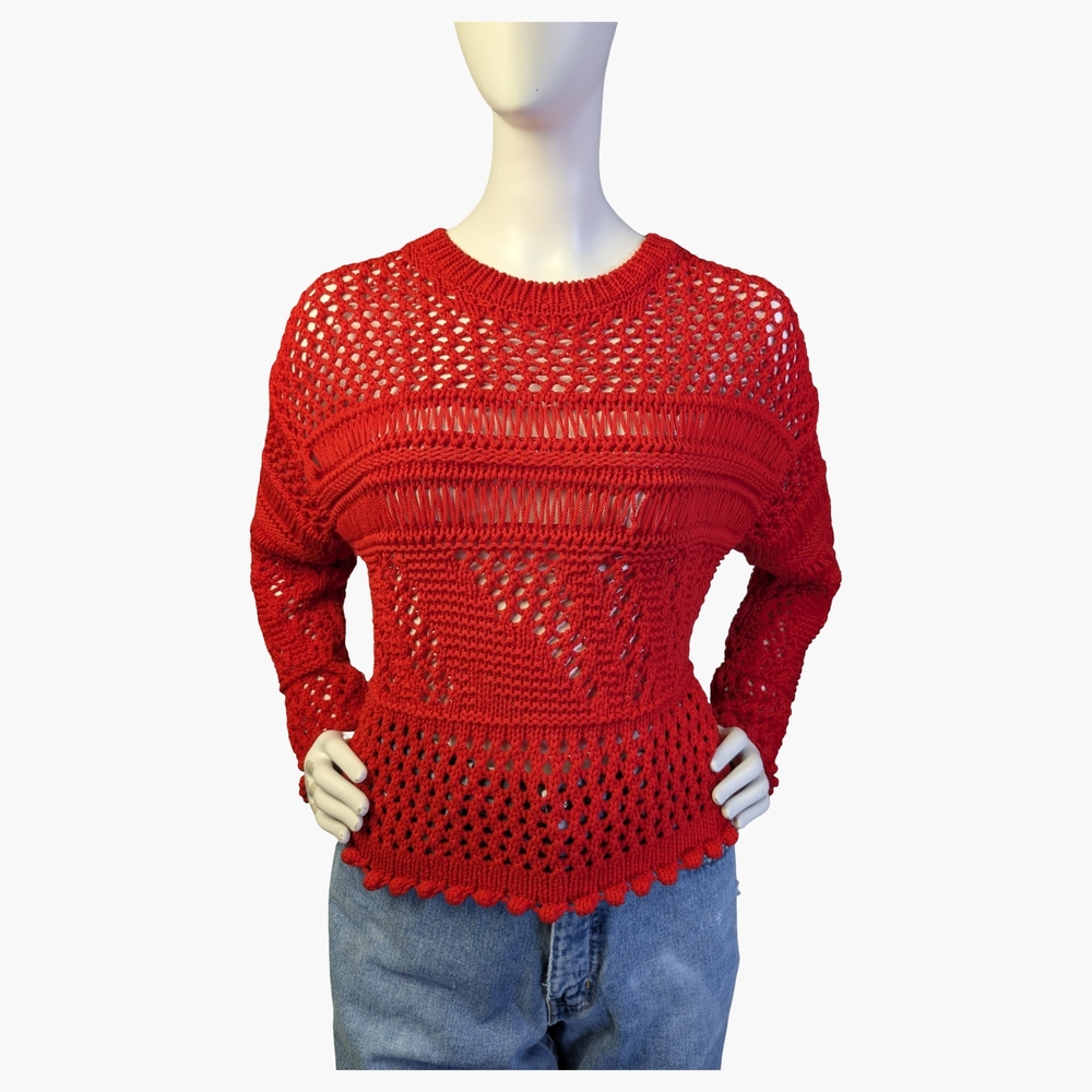 Zara Red Open Knit Crochet Bohemian Sweater With Scalloped Edges